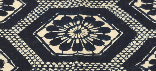Jishiro Katazome Resist Dyed Fabric Panel With Tortoiseshell And Chrysanthemeum Motifs